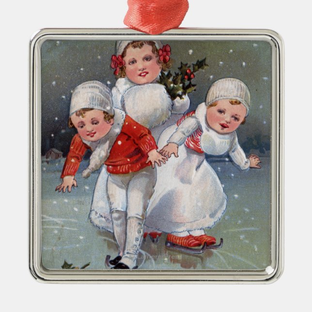 Merry ChristmasLittle Kids Ice Skating Metal Ornament (Front)