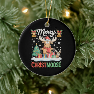 Merry Christmoose Christmas Lights Santa Moose Ceramic Ornament