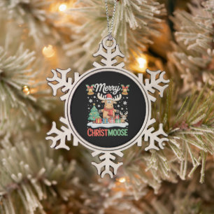 Merry Christmoose Christmas Lights Santa Moose Snowflake Pewter Christmas Ornament