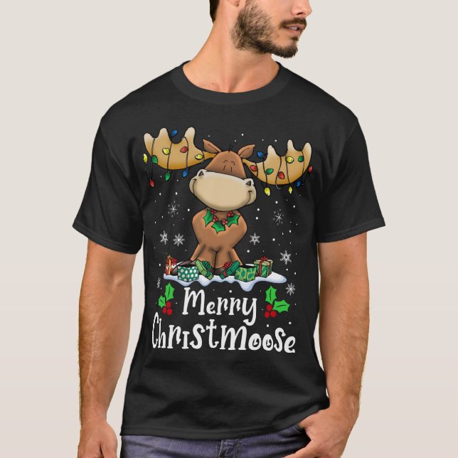 Merry Christmoose Christmas Moose Xmas Lights T-Shirt (Front)