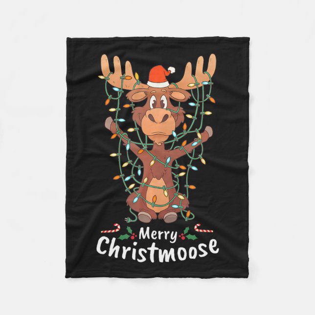 Merry Christmoose Christmas Moose Xmas Tree Lights Fleece Blanket (Front)