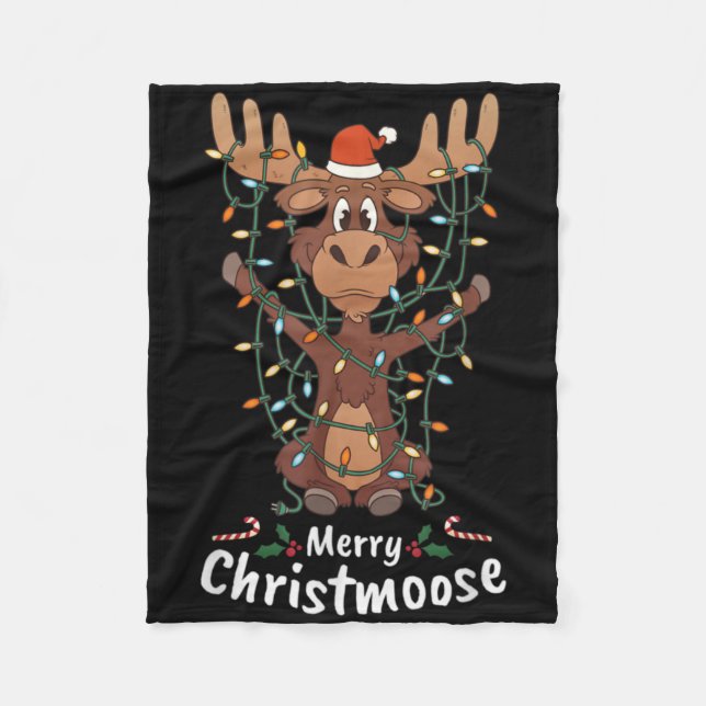 Merry Christmoose Christmas Moose Xmas Tree Lights Fleece Blanket (Front)