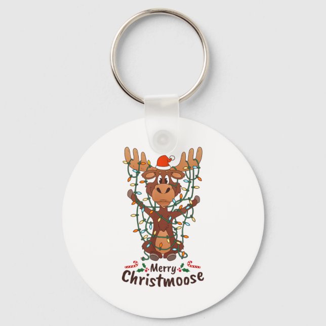 Merry Christmoose Christmas Moose Xmas Tree Lights Key Ring (Front)