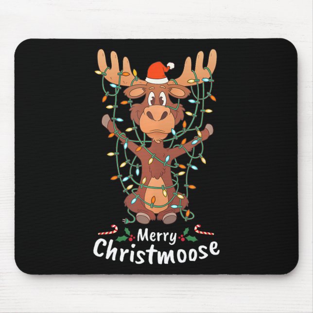 Merry Christmoose Christmas Moose Xmas Tree Lights Mouse Pad (Front)