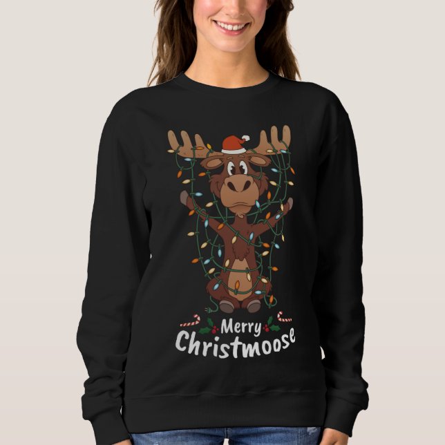 Merry Christmoose Christmas Moose Xmas Tree Lights Sweatshirt (Front)