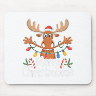 Merry Christmoose Christmas Tree Lights Santa Hat Mouse Pad
