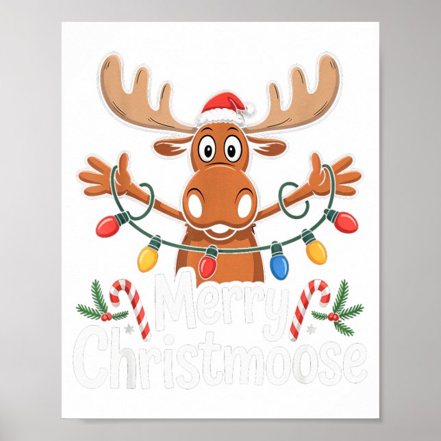 Merry Christmoose Christmas Tree Lights Santa Hat  Poster (Front)