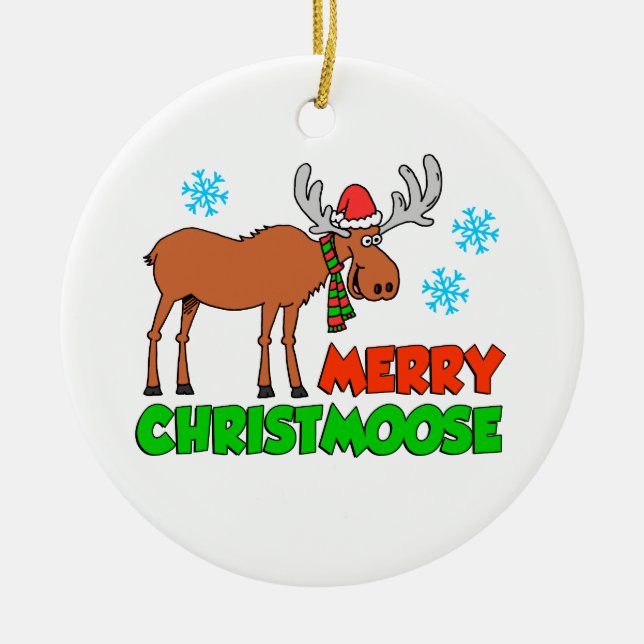 Merry Christmoose Cute Holiday Pun Ceramic Ornament (Front)