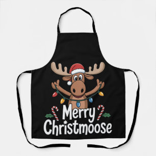 Merry Christmoose Moose Santa Hat Holiday Lights Apron