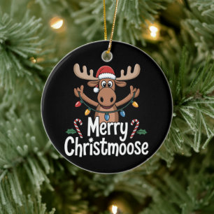 Merry Christmoose Moose Santa Hat Holiday Lights Ceramic Ornament