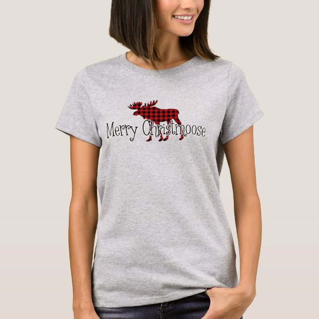 Merry Christmoose Red, Black Buffalo Plaid T-Shirt (Front)