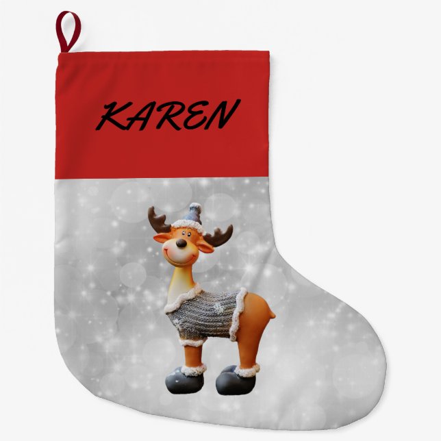 Merry Christmoose wearing a hat Large Christmas Stocking (Front)