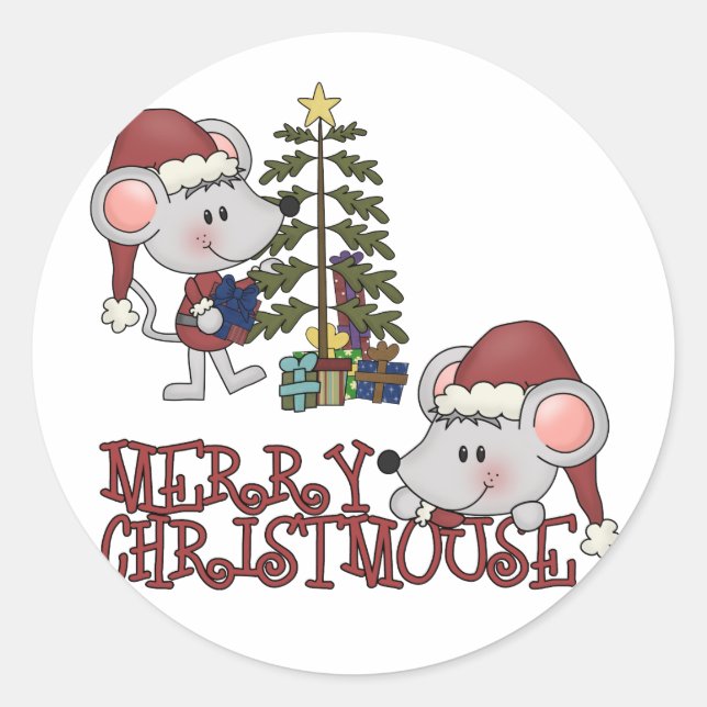 Merry Christmouse With Tree Classic Round Sticker (Front)