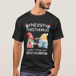 Merry Christmukkah Fun Gnomes Menorah 8 Lights Nig T-Shirt