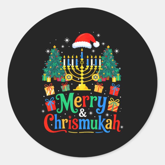 Merry Christmukkah Hanukkah Christmas Tree Xmas Fa Classic Round Sticker (Front)