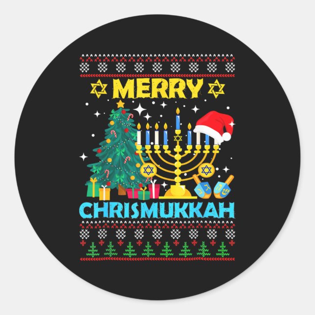 Merry Christmukkah Hanukkah Christmas Tree Xmas Fa Classic Round Sticker (Front)