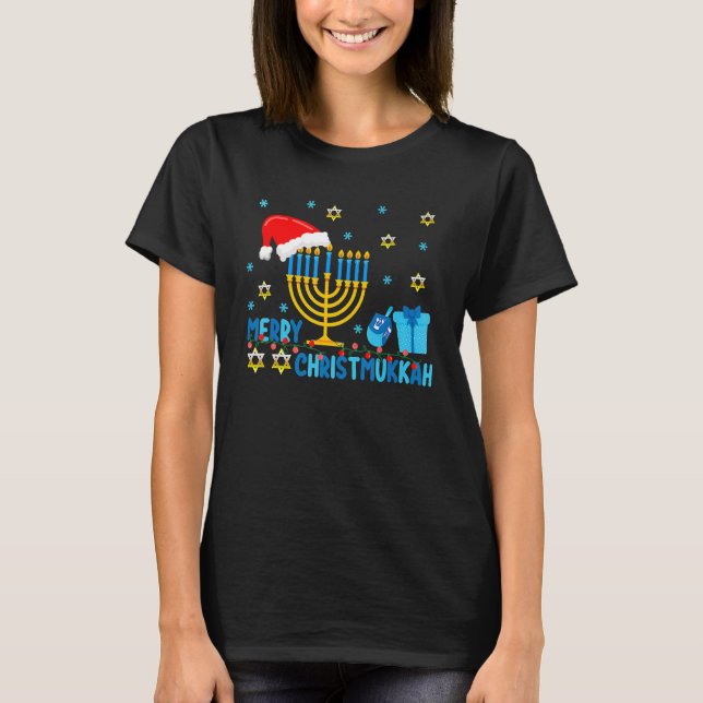 Merry Christmukkah Hanukkah Holiday  Light Santas  T-Shirt (Front)