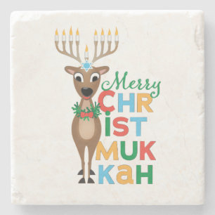 Merry Christmukkah Reindeer Stone Coaster