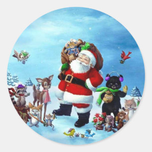 Merry Chrstimas Santa Claus With Animals Classic Round Sticker
