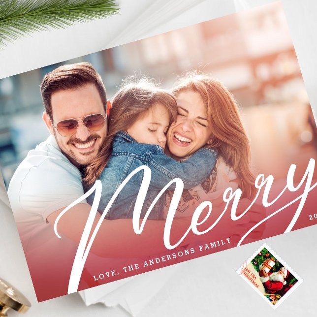 Merry Classic Lettering Red Gradient Photo Holiday Card (Creator Uploaded)