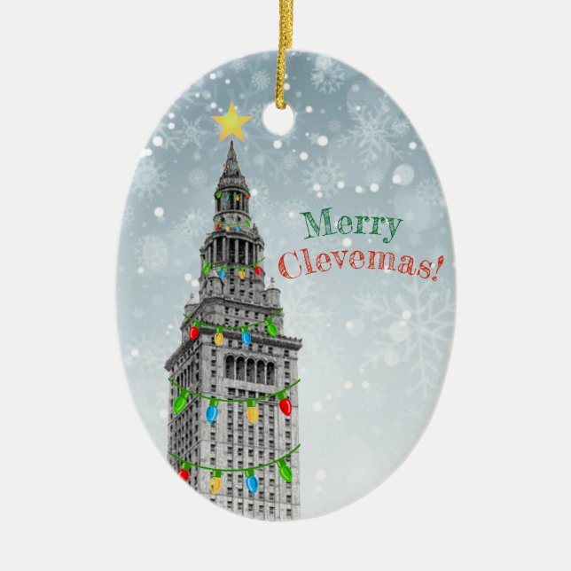 MERRY CLEVEMAS Cleveland Christmas  PERSONALIZE IT Ceramic Ornament (Front)