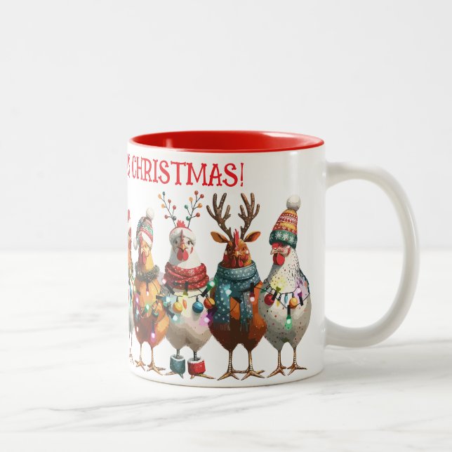 Merry Clucking Christmas - Chicken Chorus Line Two-Tone Coffee Mug (Right)