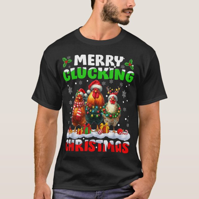 Merry Clucking Christmas Chicken Santa Hat Xmas T-Shirt (Front)