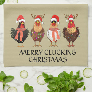 Merry Clucking Christmas - Four Santa Chickens Tea Towel