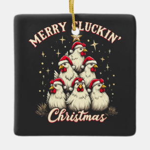 Merry Clucking Christmas Funny Chicken Roosters Ceramic Ornament