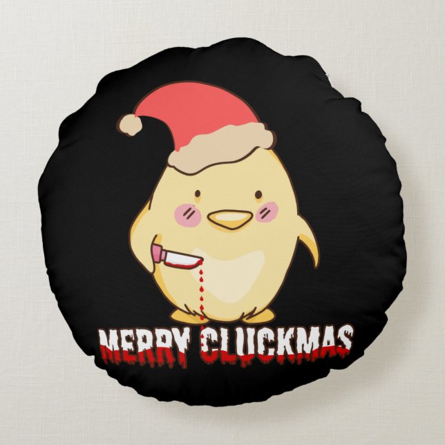 Merry Cluckmas, Funny Christmas Chicken Round Cushion (Back)