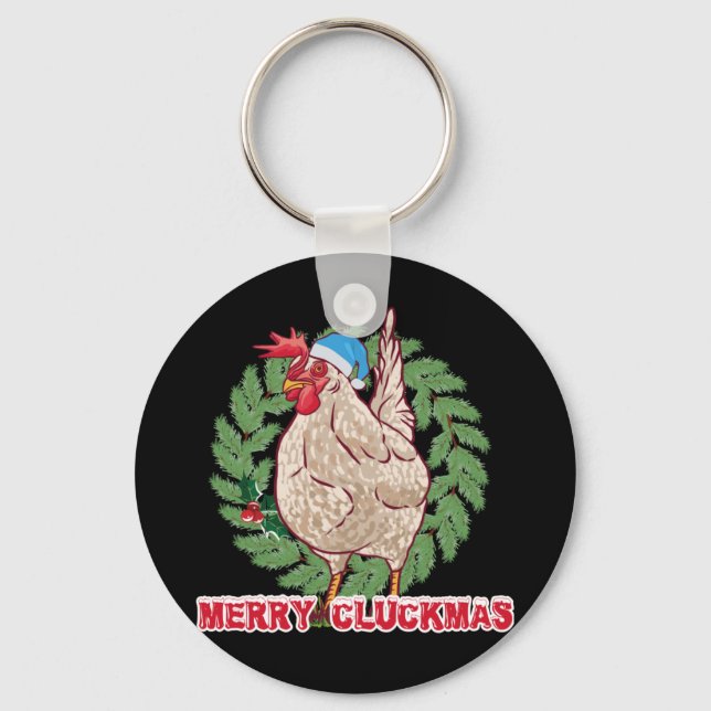 Merry Cluckmas - Funny Christmas Hen Key Ring (Front)