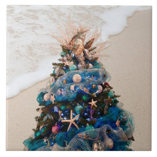 Merry Coastal Christmas Tropical Beach HolidayTree Ceramic Tile (Front)