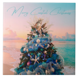 Merry Coastal Christmas Tropical Beach HolidayTree Ceramic Tile