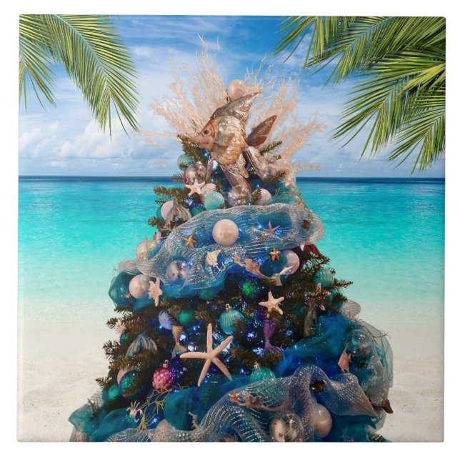 Merry Coastal Christmas Tropical Beach HolidayTree Ceramic Tile (Front)