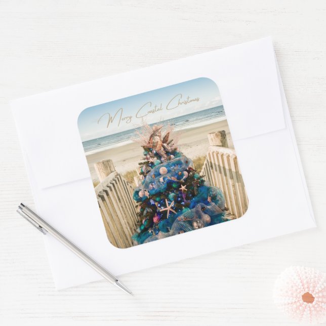 Merry Coastal Christmas Tropical Beach HolidayTree Square Sticker (Envelope)