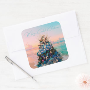 Merry Coastal Christmas Tropical Beach HolidayTree Square Sticker