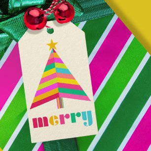 merry Colourful Striped Christmas Tree Off White Gift Tags