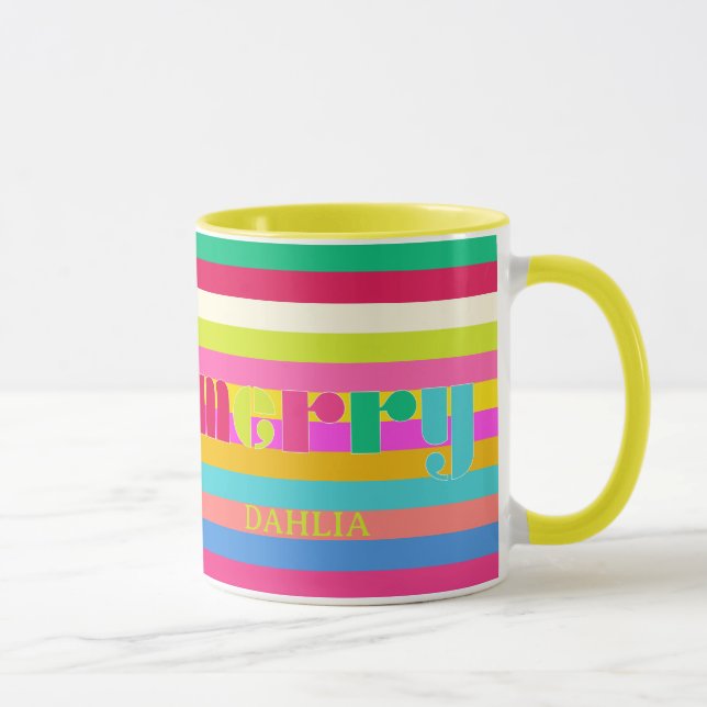 merry Colourful Stripes Personalised Christmas Tre Mug (Right)