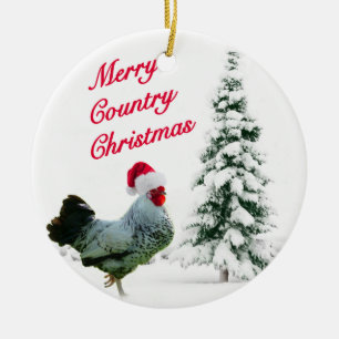 Merry Country Christmas Chicken With Santa Hat Ceramic Ornament