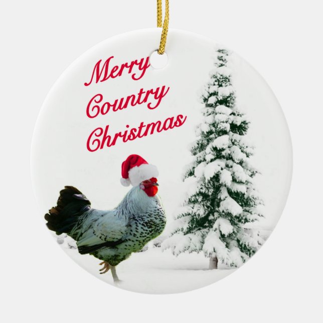 Merry Country Christmas Chicken With Santa Hat Ceramic Ornament (Front)
