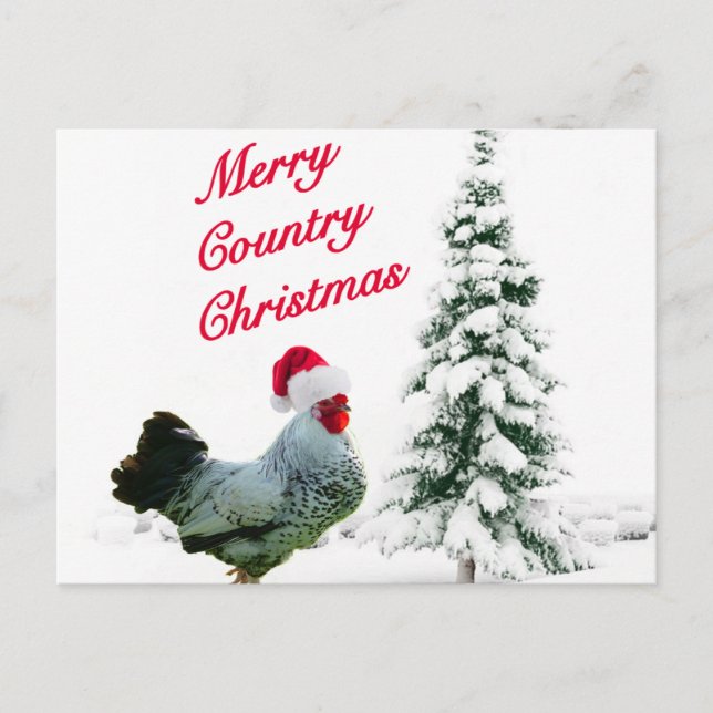 Merry Country Christmas Chicken With Santa Hat Holiday Postcard (Front)
