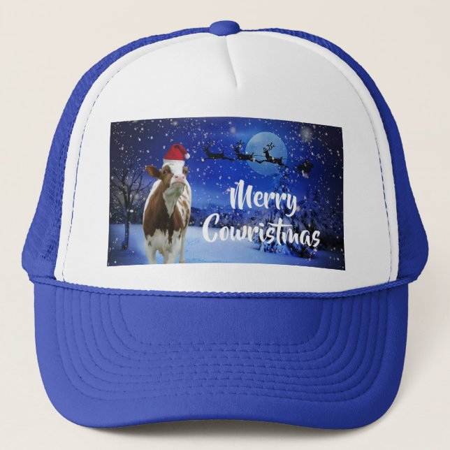 Merry Cowristmas Santa Cow Holiday Trucker Hat (Front)