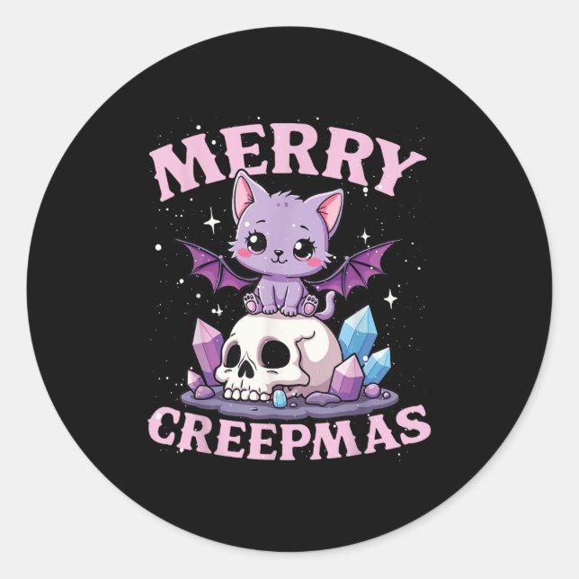 Merry Creepmas Cat Pastel Goth Christmas Skull For Classic Round Sticker (Front)