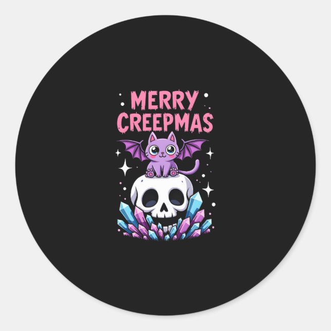 Merry Creepmas Cat Pastel Goth Christmas Skull T-S Classic Round Sticker (Front)