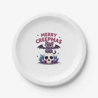 Merry Creepmas Cat Pastel Goth Christmas Skull T-S Paper Plate