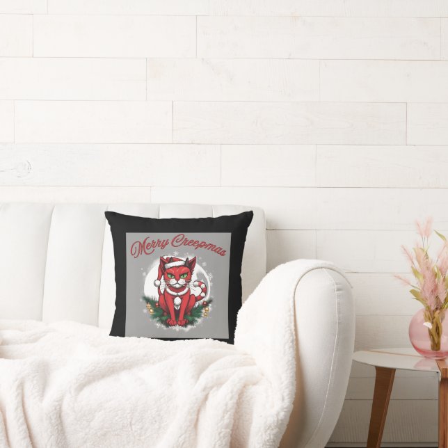 Merry Creepmas Cat Throw Pillow (Couch)
