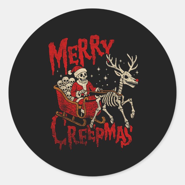 Merry Creepmas Skeleton Creepy Christmas Goth Holi Classic Round Sticker (Front)