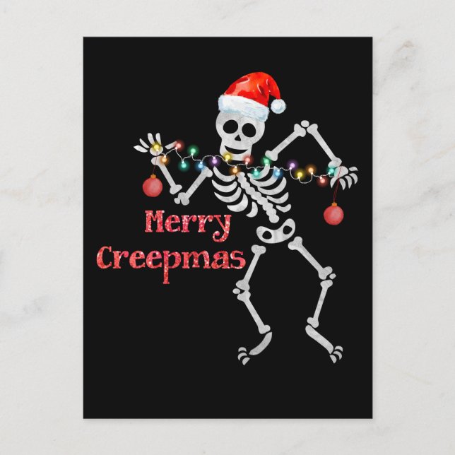 Merry Creepmas Skeleton Santa Skull Xmas Tree Fun Holiday Postcard (Front)