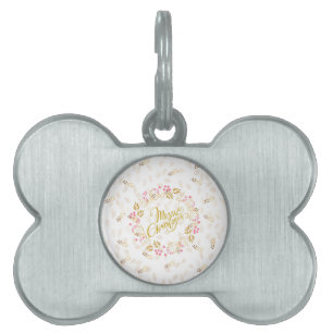 Merry Cristmas Wreath in Gold and Red Pet Tag