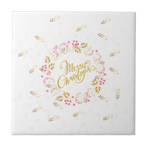 Merry Cristmas Wreath in Gold and Red Tile